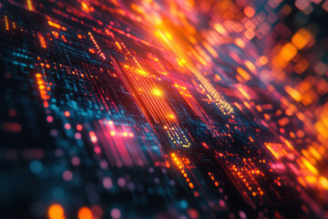 Dynamic abstract visualization of bright colored lights and lines representing technology and data flow in a digital landscape. Generative AI