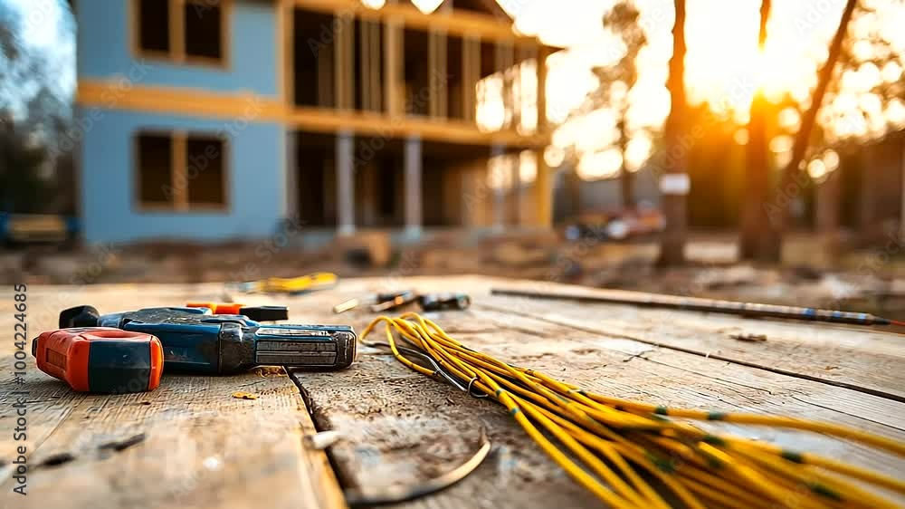 Poster electrical wires and a toolkit lying on a table outside, with a partially built house blurred in the