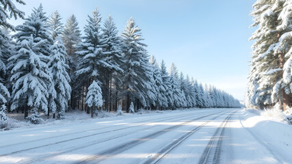 Obraz premium Serene Snowy Road Surrounded by Evergreen Trees
