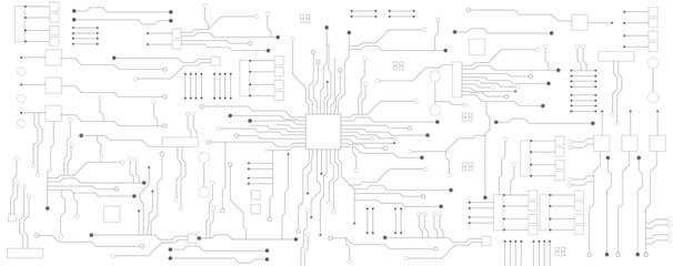 black and white circuit electronic or electrical line with circle engineering technology concept vector background