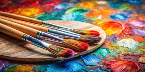 Obraz premium Paint brushes and palette of colors on bright color background