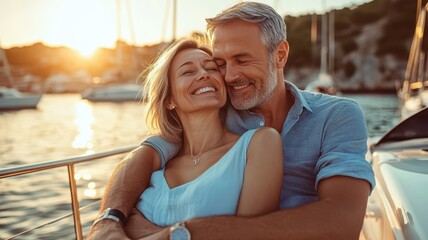 A middle-aged couple on yacht, the woman is wearing light blue dress and smiling with her eyes closed while sitting in his husband's arms. 