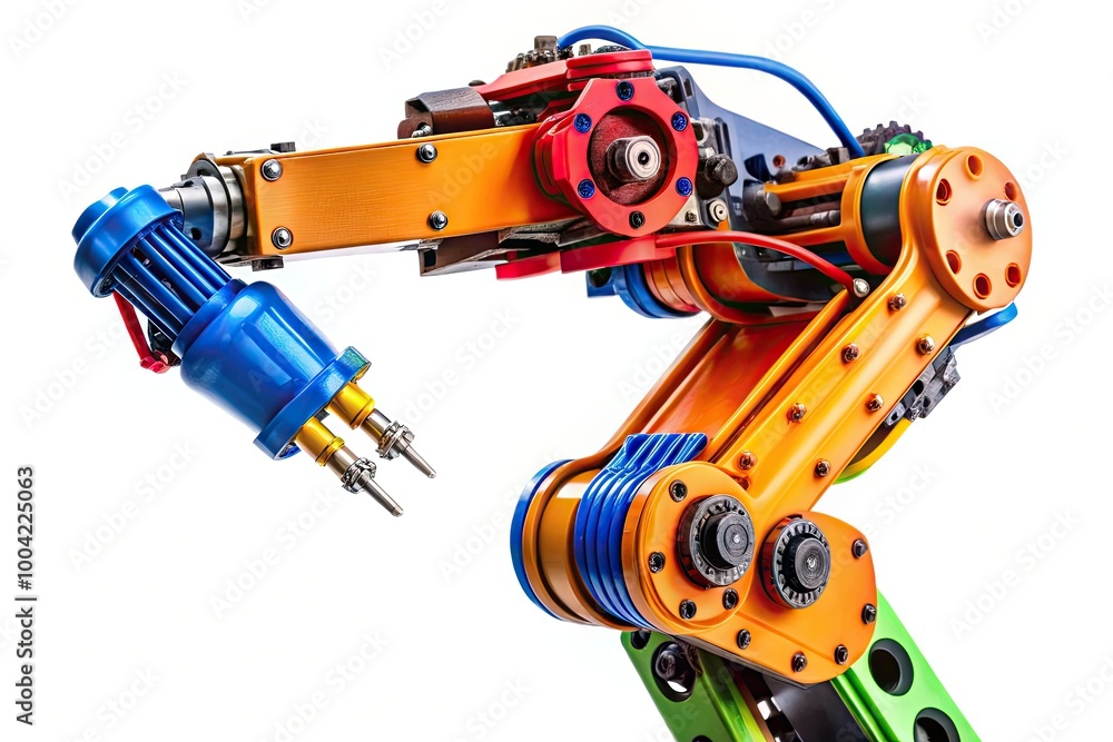 Poster advanced mechanical arm isolated on white background for robotics, engineering, and technology conce