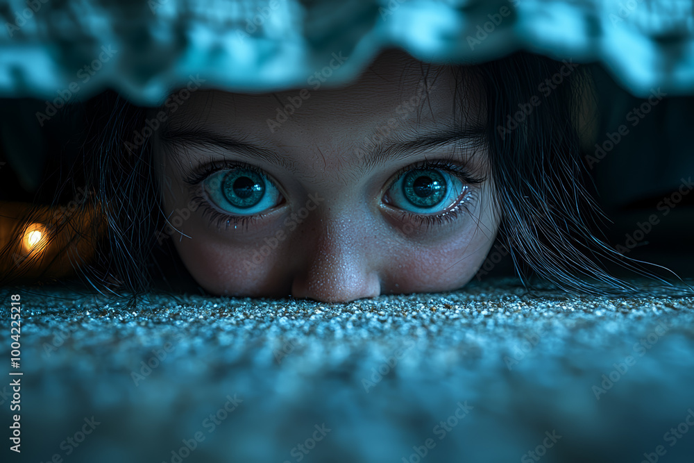 Poster a child hiding under a bed while the sounds of an argument are heard from above, creating a sense of