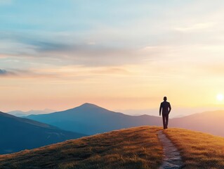 Obraz premium Silhouette of a leader walking on a mountain trail, sunset backdrop, 3D illustration