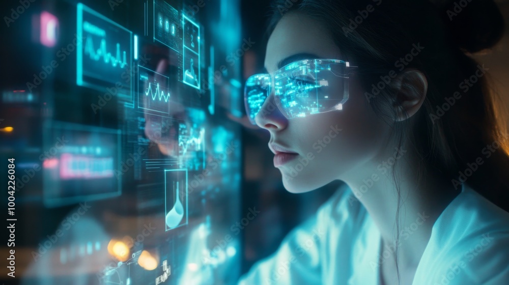 Aufkleber a young woman engages with a glowing digital interface, intently analyzing data and statistics in a 