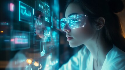 A young woman engages with a glowing digital interface, intently analyzing data and statistics in a contemporary workspace