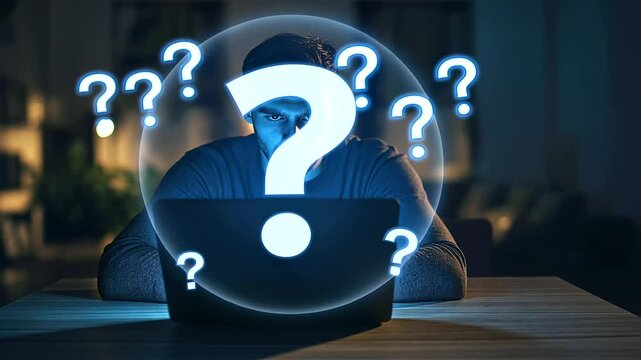 A man in a dimly lit room focuses on his laptop, with floating holographic question marks above the keyboard, contemplating web design solutions