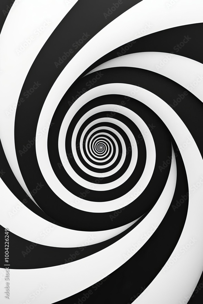Poster hypnotic black and white abstract spiral patterns with visual depth for creative projects