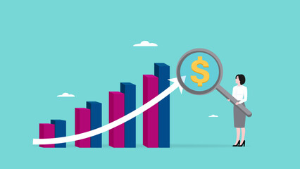 business sales growth, business growth followed by a lot of income, profit performance increases, rapid economic growth, businesswoman using a magnifier to examine how much money he has earned