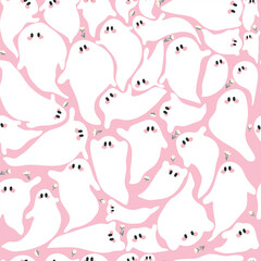 White cute ghostes with flowers on pink background. Seamless pattern for Halloween.