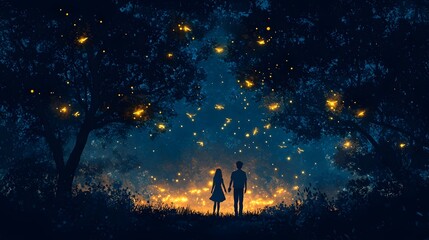 Couple Watching Fireflies Light Up the Night in a Forest Clearing