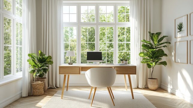 Modern home office with large desk and minimalist decor in bright, natural light setting