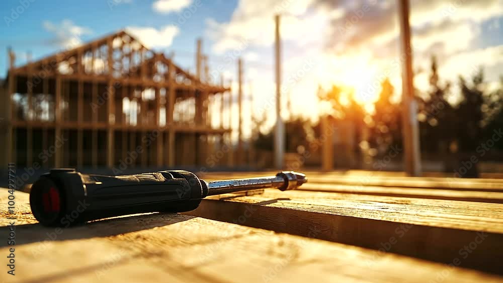 Poster a set of power tools lying on a rough table, with the blurred structure of a house being built in th