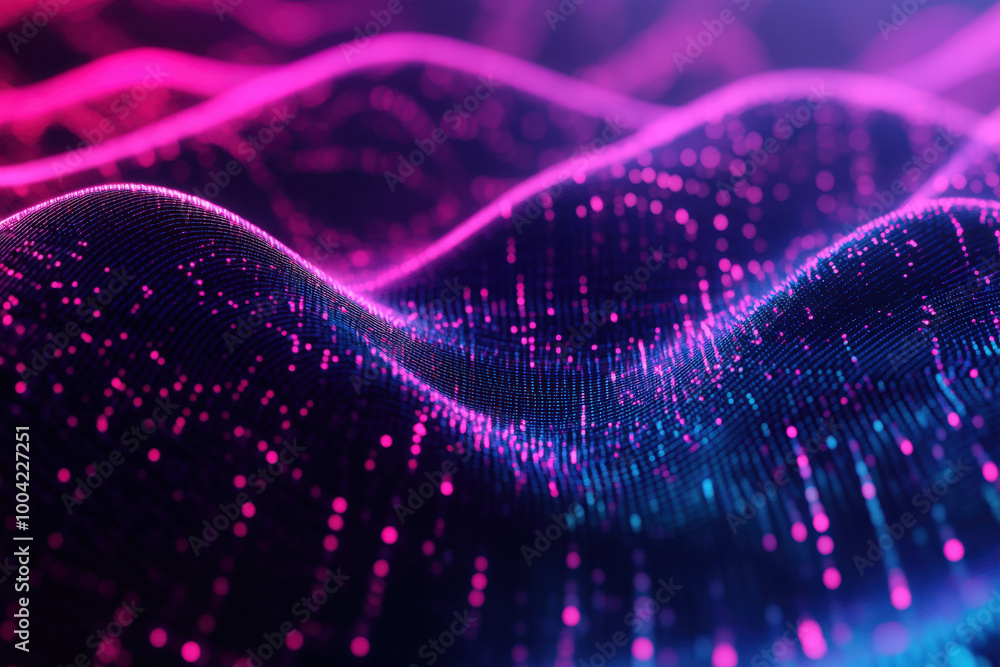 Poster exploring vibrant waves of color and light in a dynamic abstract digital landscape at dusk. generati