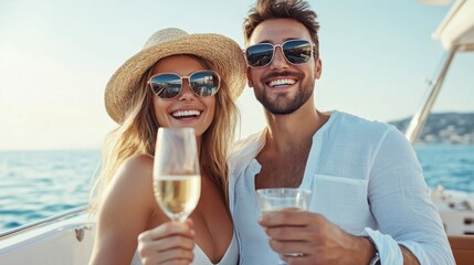 A couple on a boat, smiling and holding glasses of wine