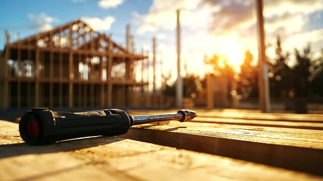 A set of power tools lying on a rough table, with the blurred structure of a house being built in the distance