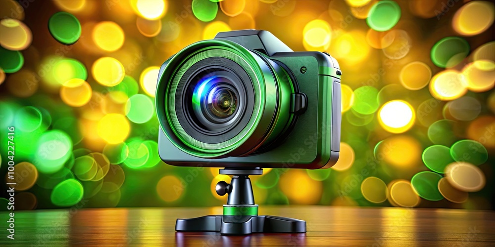 Poster all-in-one computer camera rotating around blank screen with chroma key and luma matte layers