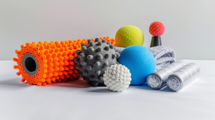 Massage therapy tools such as foam rollers, massage balls, and handheld massagers for soft tissue mobilization isolated on white background