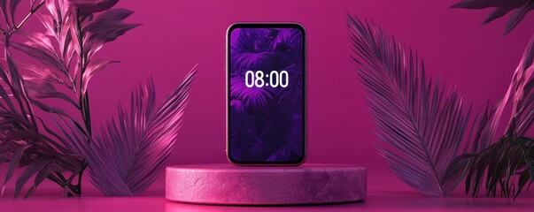 Modern smartphone displaying 08:00 time against a vibrant purple background with stylish decor elements