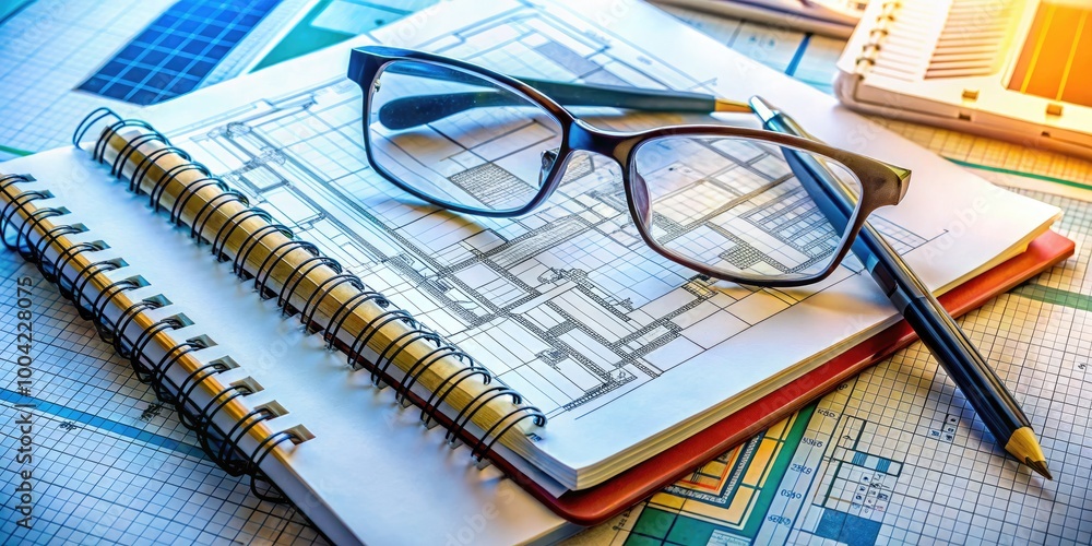 Poster architecture plans and blueprints with protective glasses on a notebook for building design review