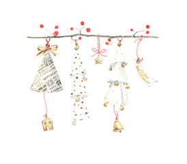 Christmas card with hanging decorations of paper and gold,  isolated watercolor illustration with decors, holiday border for greeting or invitation card, hand drawn Christmas print.