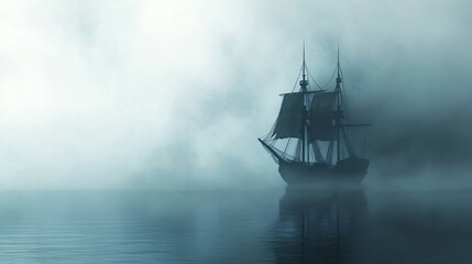 Black Horror Ship Coming Out Of The Fog