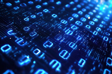 Exploring a digital realm of luminous blue binary code flowing through a virtual landscape at night. Generative AI