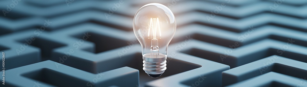 Poster illuminating the path through complexity - a 3d render of a light bulb shedding light on a maze symb