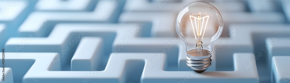 Poster illuminating the path 3d render of a light bulb guiding through a complex maze - clarity and simplic