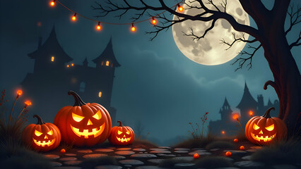 Fototapeta premium Happy halloween Halloween decorations, bats, ghosts. Scary spooky halloween season, monster skull and crossbones halloween witch with pumpkin.
