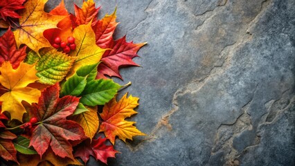 Vibrant Fall Foliage Arrangement on Smooth Stone Surface for Autumn Background