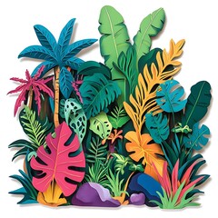 Set of lush tropical plants and rocks in a vibrant cut-out design.