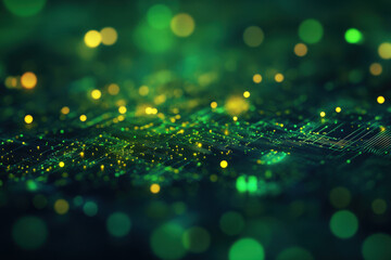 A mesmerizing blend of vibrant green and gold lights illuminating an intricate digital landscape of technology and innovation. Generative AI