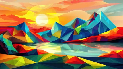Colorful Polygonal Landscape with Sun and Mountains