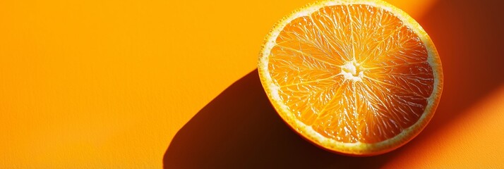 A freshly cut half orange against a vibrant orange background, emphasizing freshness and vibrancy.