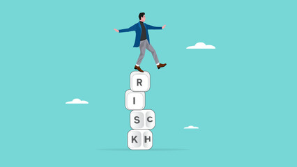 risk management to getting rich, strategy to achieve success in business, rich with risk concept, smart businessman balancing a pile of cubes with rich and risk written on the side