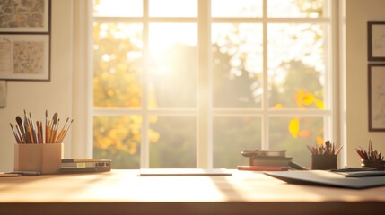 A sunlit workspace with art supplies and a view of nature through the window.