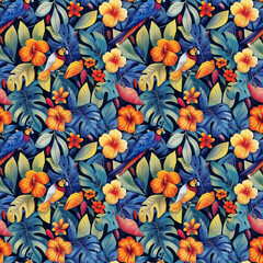 Colorful Pattern of Flowers and Birds on White Background