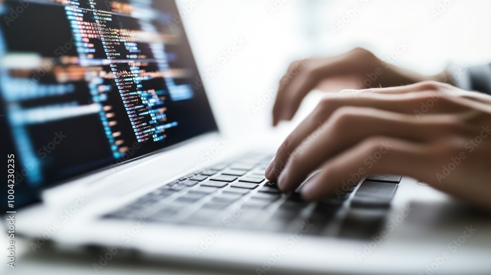 Poster a person's hands typing code on a laptop, showcasing programming and technology use.