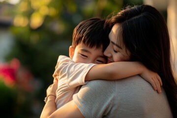Fototapeta premium A heartwarming moment captures a mother hugging her child in an outdoor setting with soft, natural light and a blurred background.