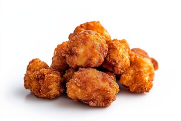 Bite-sized fried popcorn chicken isolated on white background, with a golden crispy coating, lightly seasoned, arranged in a loose pile