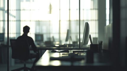 A silhouette of a person working at a desk in a modern office environment.