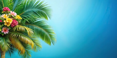 Fototapeta premium palm tree summer leaves and flowers on blue background panoramic view