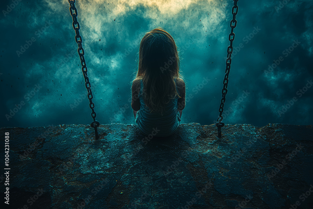 Poster a child sitting alone on a swing in an empty playground, looking up at a cloudy sky, symbolizing lon