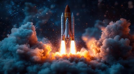 laptop screen bursting with colorful rockets set against an electric blue background showcasing a vibrant fusion of technology and imagination