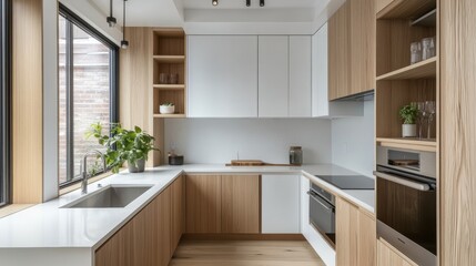 Fototapeta premium Modern Kitchen Interior Design with White Cabinets and Wooden Accents.