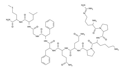 substance p molecule, structural chemical formula, ball-and-stick model, isolated image neuropeptide