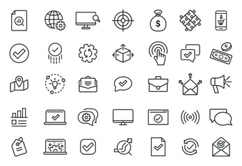 Fototapeta premium Line icons about creative ideas and solutions. Editable vector stroke. Business line icons. Vector illustration. Office icons, documents, computer, business symbols.