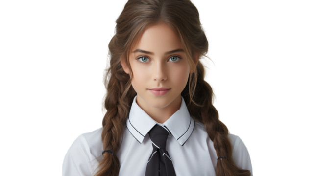 Young girl wearing uniform school, studio view, isolated on white background.